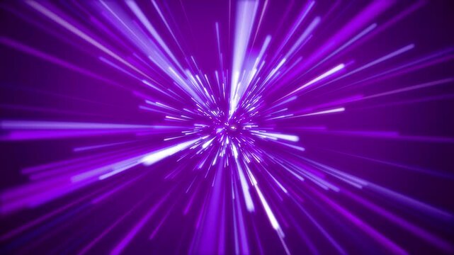Camera entering Purple spacewarp with glowing light streaks in 4K, high speed travel through futuristic sci-fi tunnel, dynamic burst of neon beams in deep space animation
