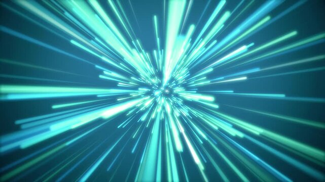 Camera entering blue spacewarp with glowing light streaks in 4K, high speed travel through futuristic sci-fi tunnel, dynamic burst of neon beams in deep space animation
