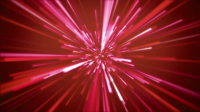 Camera entering Red spacewarp with glowing light streaks in 4K, high speed travel through futuristic sci-fi tunnel, dynamic burst of neon beams in deep space animation
