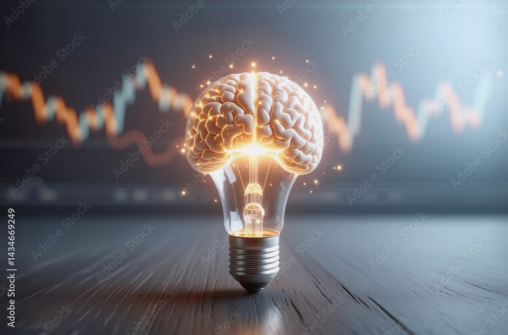 Poster illuminated brain encased in a lightbulb on a wood surface, symbolizing bright ideas and intellect. 