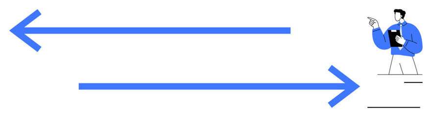 Two large blue arrows pointing in opposite directions one left, one right. Man with clipboard gestures toward right. Ideal for communication, debate, decision-making, strategy, guidance, feedback