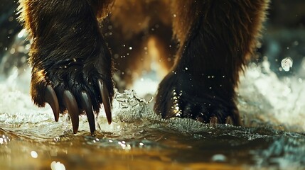 Powerful grizzly bear standing in a shallow river water rushing around its muscular legs sharp claws glinting in the sunlight ultra HD wildlife shot