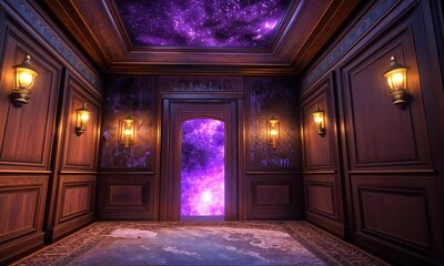 A mystical room with wooden walls, glowing purple portal, and cosmic ceiling, evoking wonder