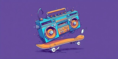 Retro Boombox Riding a Skateboard with Motion Lines on Purple Background
