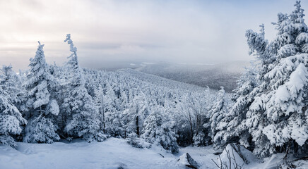 Panoramic, frozen and snow covered landscape in the morning from the summit of St-Joseph mountain...