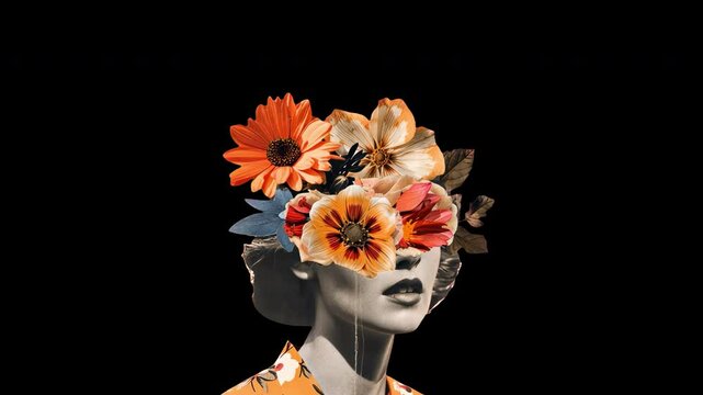 Surreal floral portrait animated overlay, transparent 4K video, alpha channel, ProRes 4444