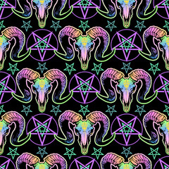 Seamless pattern with bright goat skulls and occult symbols