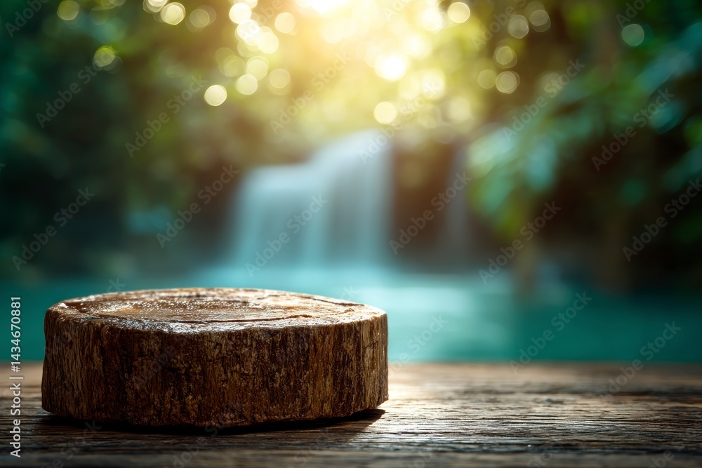 Poster wooden log display on rustic table with waterfall nature backdrop