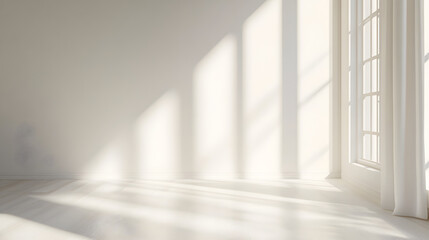 Sunlit Interior: A minimalist interior bathed in natural light, creating an airy and inviting atmosphere with shadows dancing across the pristine walls and floors.