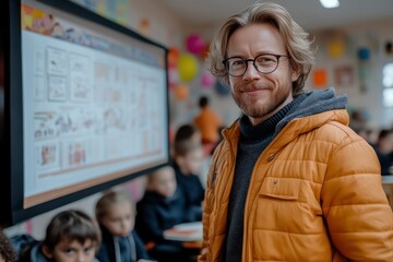 Teacher in Classroom with Interactive Whiteboard and Engaged Students