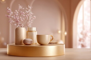 Elegant Coffee Cup and Still Life with Flowers and Pastry
