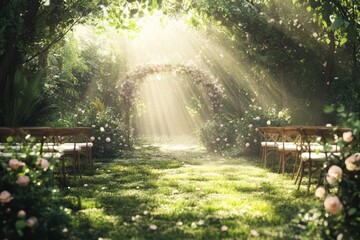 Obraz premium Sunlit garden path leads to floral archway. Lush greenery, mossy ground. Ideal outdoor wedding or ceremony setting