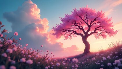 Pink Tree Blossom Sunset Meadow