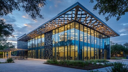 Obraz premium Modern Commercial Building With Transparent Glass Walls Geometric Pattern Roof and Steel Frame Construction