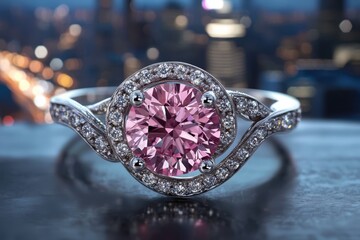 A close-up view of a luminously pink diamond engagement ring showcasing its intricate design and sparkling beauty.