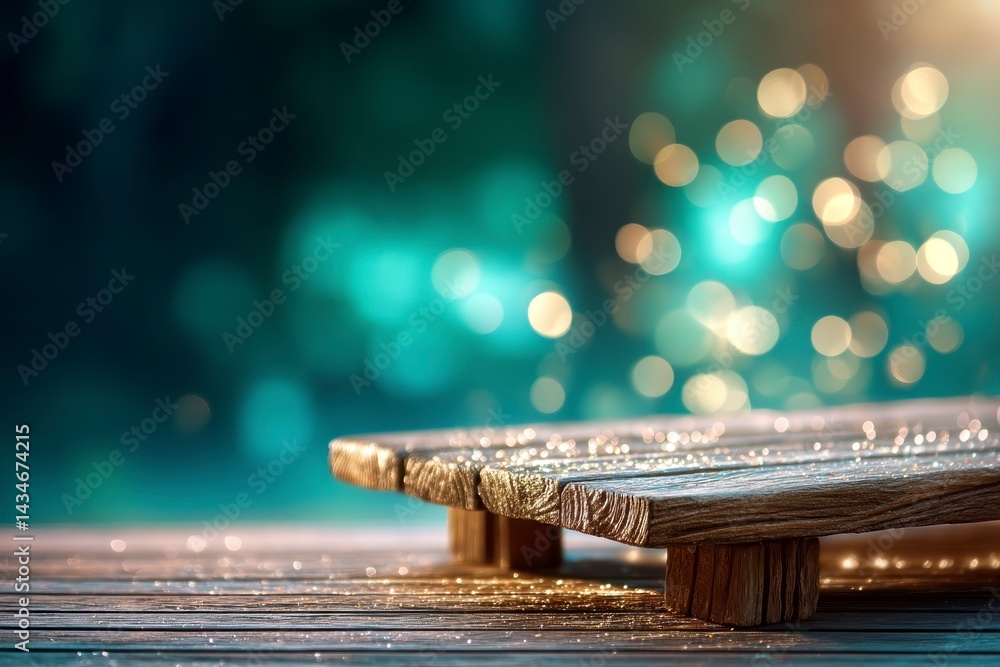 Poster wooden table surface with bokeh lights backdrop for product showcase