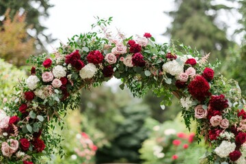 Obraz premium Lush floral arch, burgundy, blush, white roses, greenery, garden backdrop