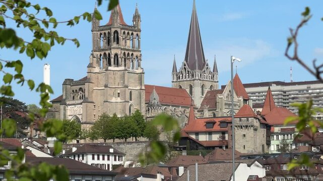 Lausanne, Switzerland - View of Lausanne Cathedral, Notre Dame of Lausanne, gothic architecture, walking tour through Lausanne in French Switzerland