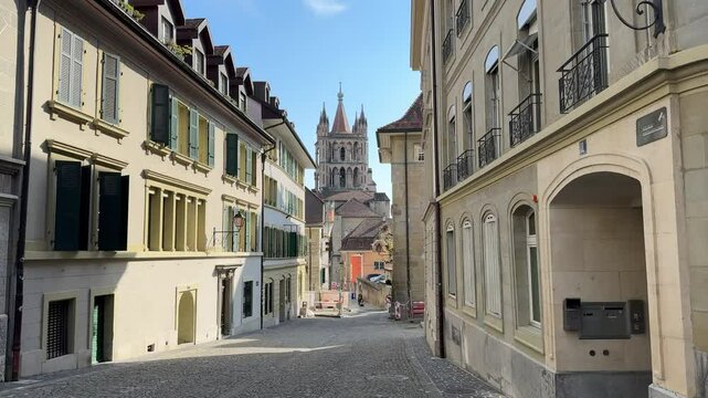 Lausanne, Switzerland - View of Lausanne Cathedral, Notre Dame of Lausanne, gothic architecture, walking tour through Lausanne in French Switzerland