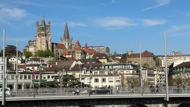 Lausanne, Switzerland - View of Lausanne Cathedral, Notre Dame of Lausanne, gothic architecture, walking tour through Lausanne in French Switzerland