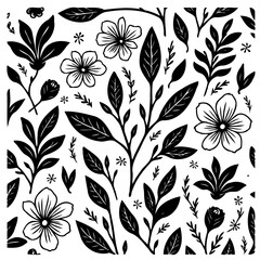 Fototapeta premium Elegant botanical pattern with stylized flowers and foliage in monochromatic art