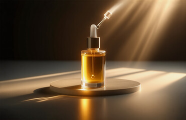 Golden serum in a glass bottle with a dropper, bathed in bright sunlight. Cosmetic oil for skincare or beauty treatment, presented on a round platform in a warm and inviting ambiance.