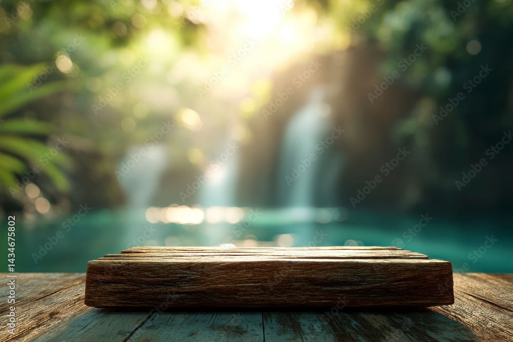 Poster wooden table in nature setting with waterfall and forest backdrop