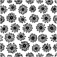 Monochrome Floral Pattern with Hand-Drawn Style Daisies on a White Background