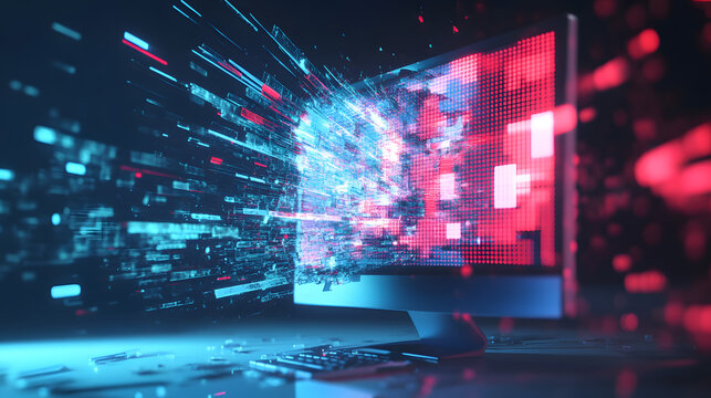 Digital Transformation: A vibrant display captures a mesmerizing explosion of digital data, streaming from a modern computer.