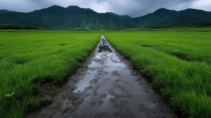 A muddy path leads through a vibrant green meadow, framed by towering mountains under a dramatic sky