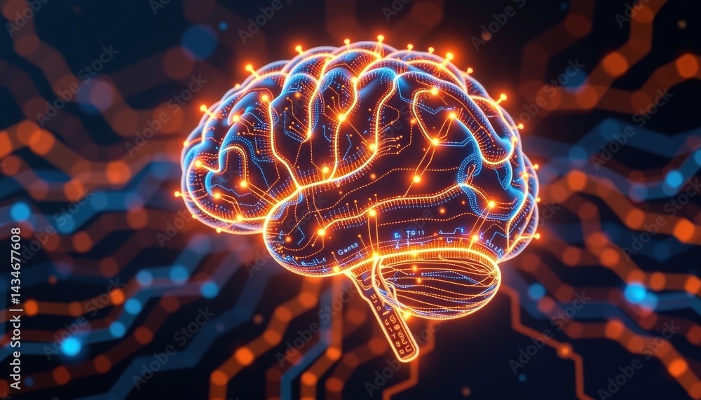 Poster a conceptual ai brain made of luminous circuits and data flows, glowing lines, digital style