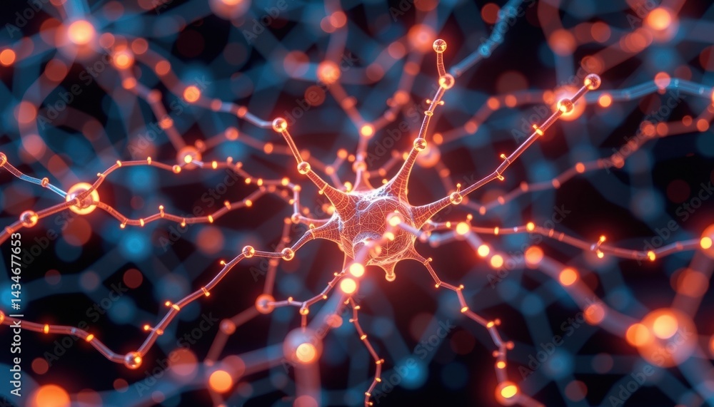 Poster glowing neural network connections in 3d space, abstract light particles, sci fi colors