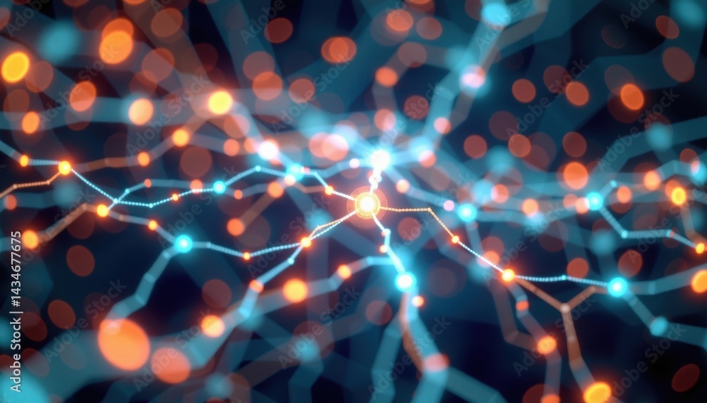 Poster glowing neural network connections in 3d space, abstract light particles, sci fi colors