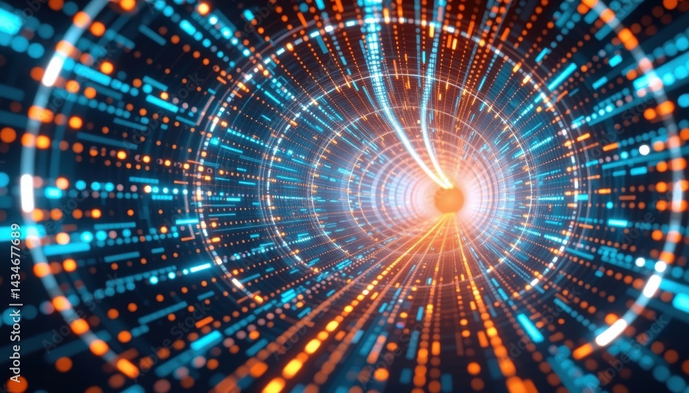 Poster a tunnel of virtual reality data lines and glowing points, immersive perspective, tech vibe