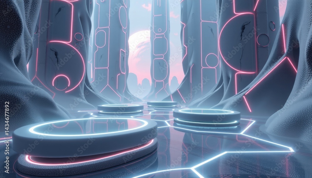Poster metaverse environment with abstract floating platforms and neon wireframes
