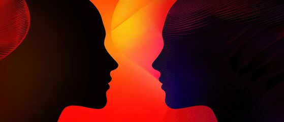 Abstract Silhouette of Two People in Profile with Vibrant Colors, Representing Connection, Communication, and Artificial Intelligence