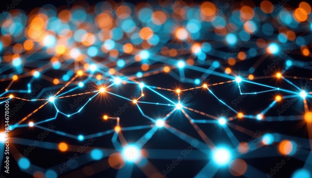 Poster technology nodes connected by glowing lines in a dark cyberspace