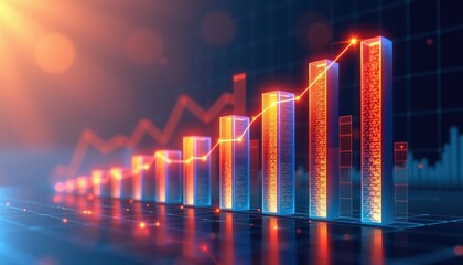 Abstract bar chart showing business growth with gradient glowing bars and grid background