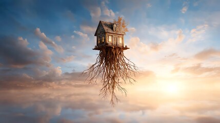 a floating house with roots growing downward into the sky, surreal concept art, photorealistic clouds and sunlight atmosphere