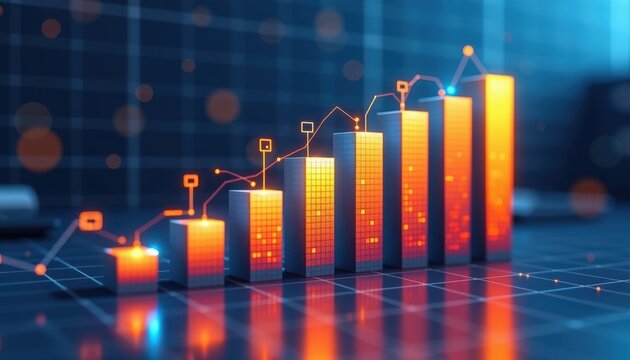 Abstract bar chart showing business growth with gradient glowing bars and grid background