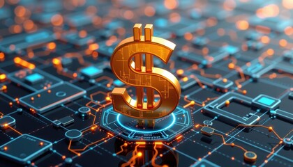 3D dollar sign floating in a futuristic digital grid