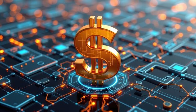 3D dollar sign floating in a futuristic digital grid