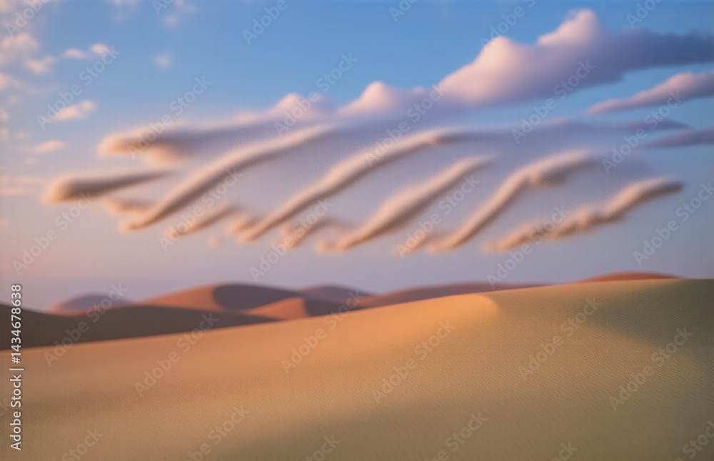 Poster a serene desert landscape unfolds, with rolling sand dunes under a colorful sky. wispy clouds in uni