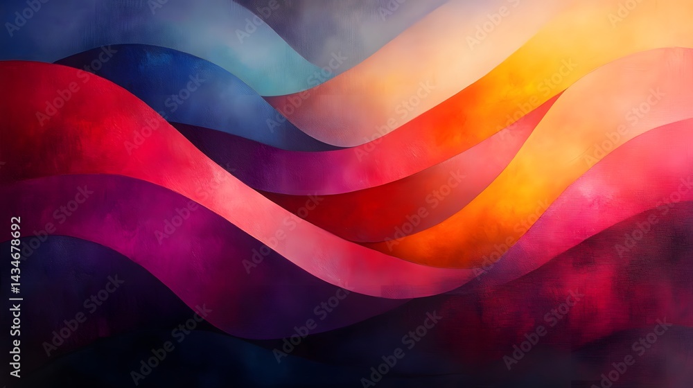 Poster Dynamic abstract artwork with layered ribbons showcasing a harmonious color transition from cool blues and purples to warm oranges and pinks. Textured surface adds depth. Abstract Medical Pain