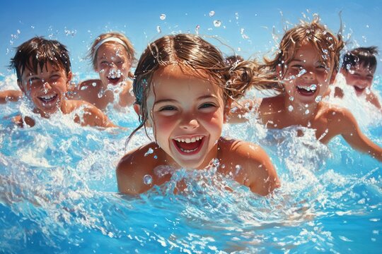 Happy children splashing joyfully in a pool