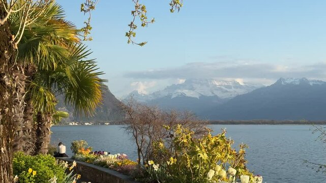 Montreux, Switzerland - Sunset at the lake Geneva, view of the mountains and Mont Blanc, taken from Montreux promenade, French Switzerland