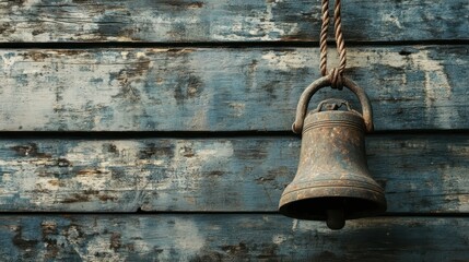 Obraz premium Rusty bell hangs on weathered wood