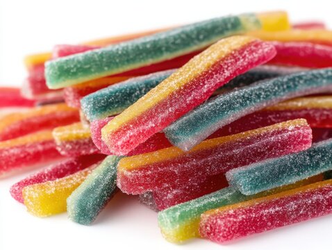Close up of a pile of colorful sour gummy straws with a sugary coating on a white background. colorful jelly candies