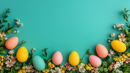 easter background with eggs and flowers