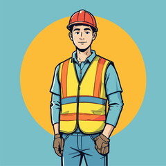 Confident Construction Worker in Safety Vest, Retro Illustration